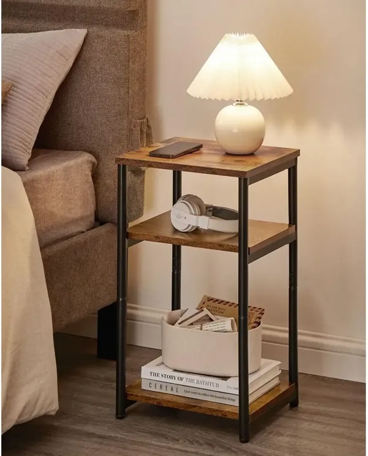 Tall Slim Side Table with Storage Shelves and Steel Frame for Living Room or Bedroom`