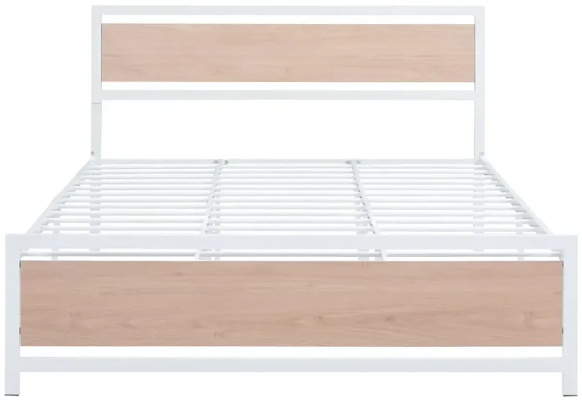 Queen Size Platform Bed, Metal And Wood Bed Frame With Headboard And Footboard, White