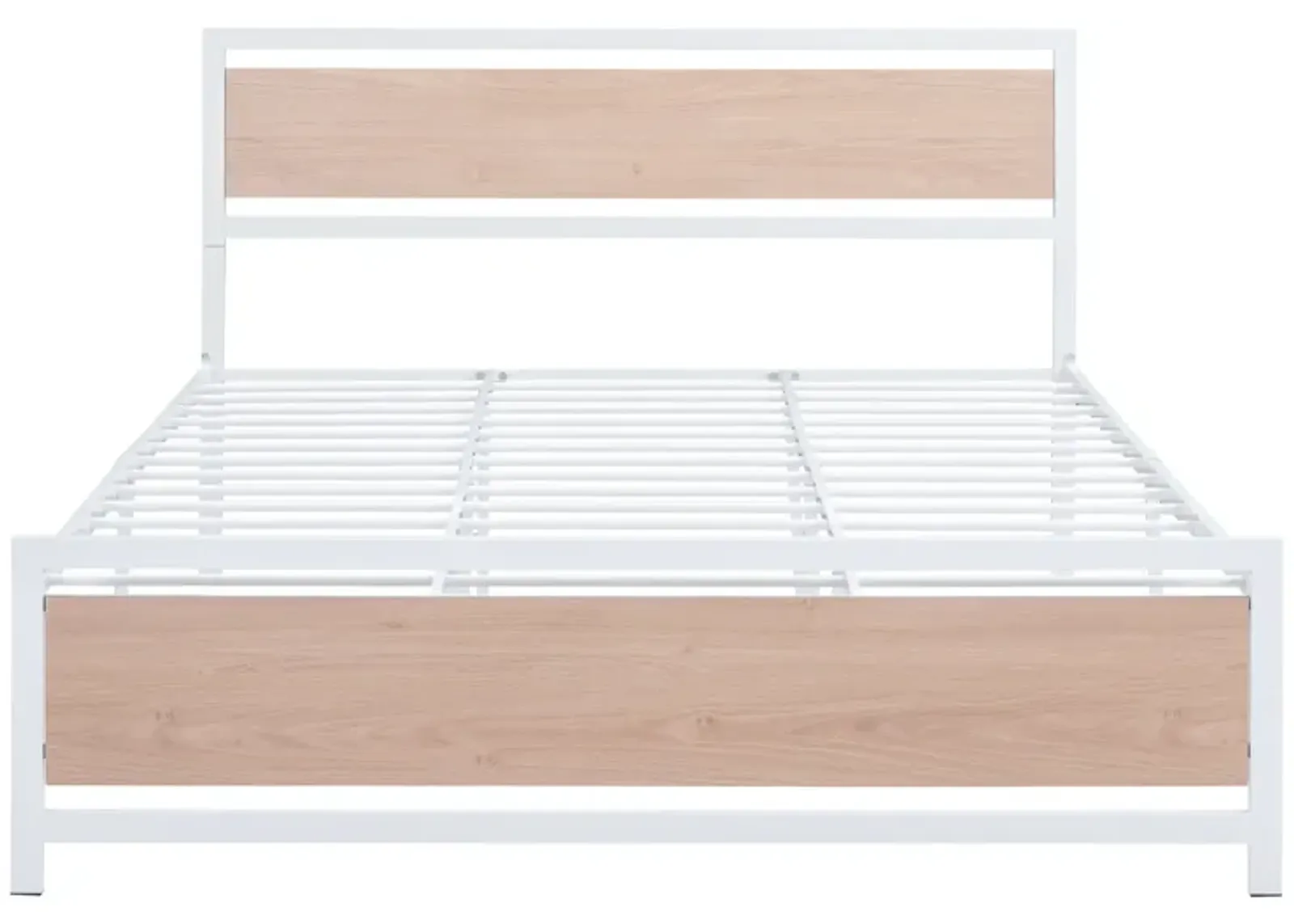 Queen Size Platform Bed, Metal And Wood Bed Frame With Headboard And Footboard, White