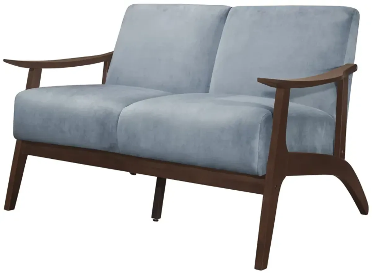 Rica 51 Inch Loveseat, Soft Blue Gray Velvet, Walnut Brown Solid Wood - Benzara