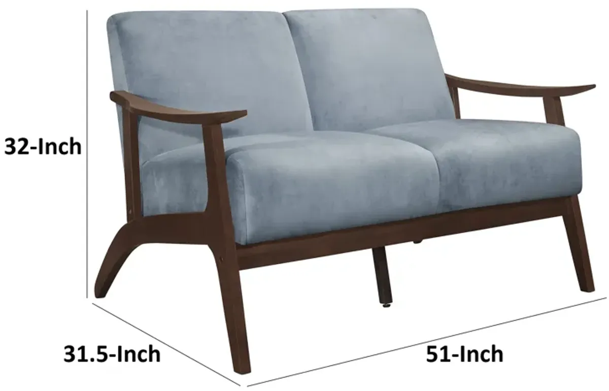 Rica 51 Inch Loveseat, Soft Blue Gray Velvet, Walnut Brown Solid Wood - Benzara