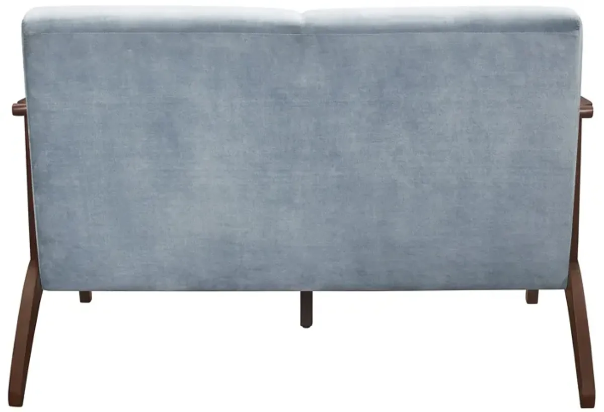 Rica 51 Inch Loveseat, Soft Blue Gray Velvet, Walnut Brown Solid Wood - Benzara