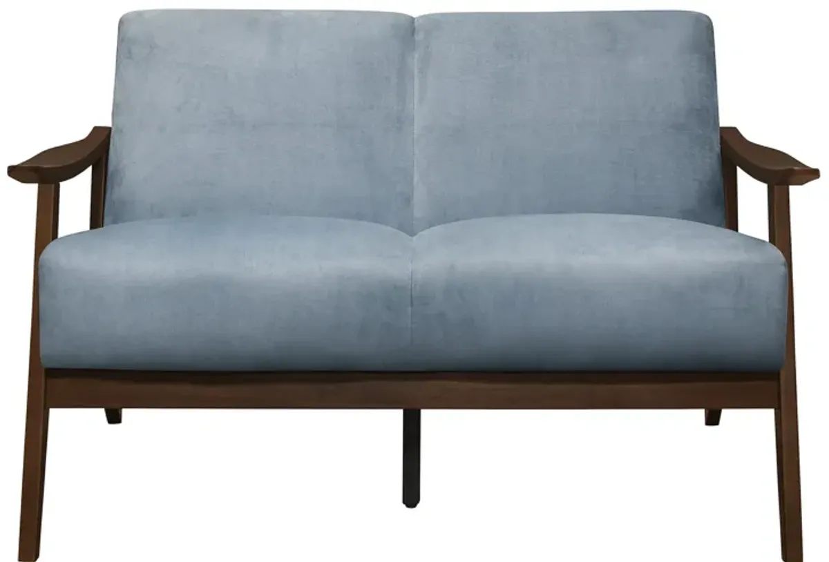 Rica 51 Inch Loveseat, Soft Blue Gray Velvet, Walnut Brown Solid Wood - Benzara