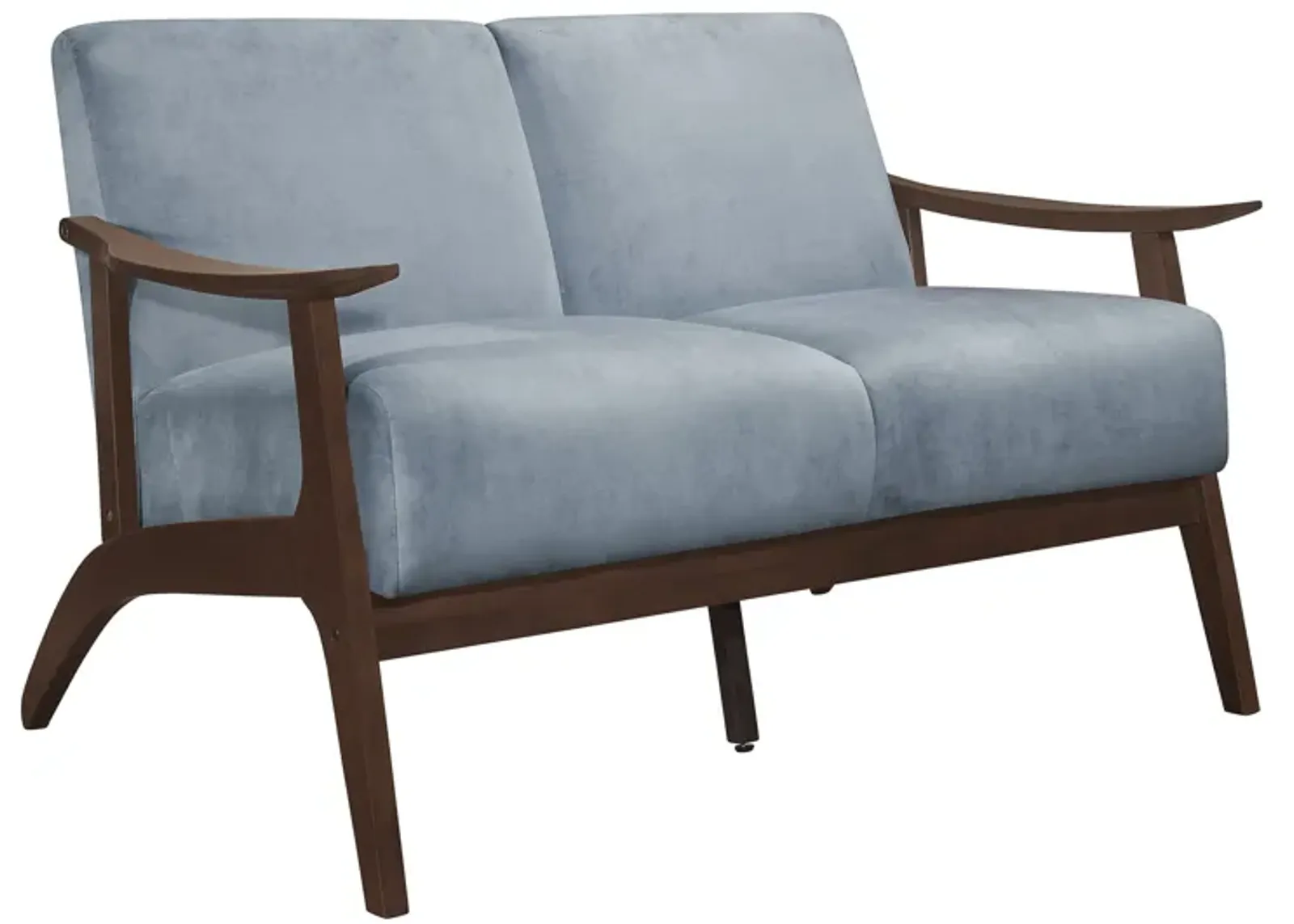 Rica 51 Inch Loveseat, Soft Blue Gray Velvet, Walnut Brown Solid Wood - Benzara