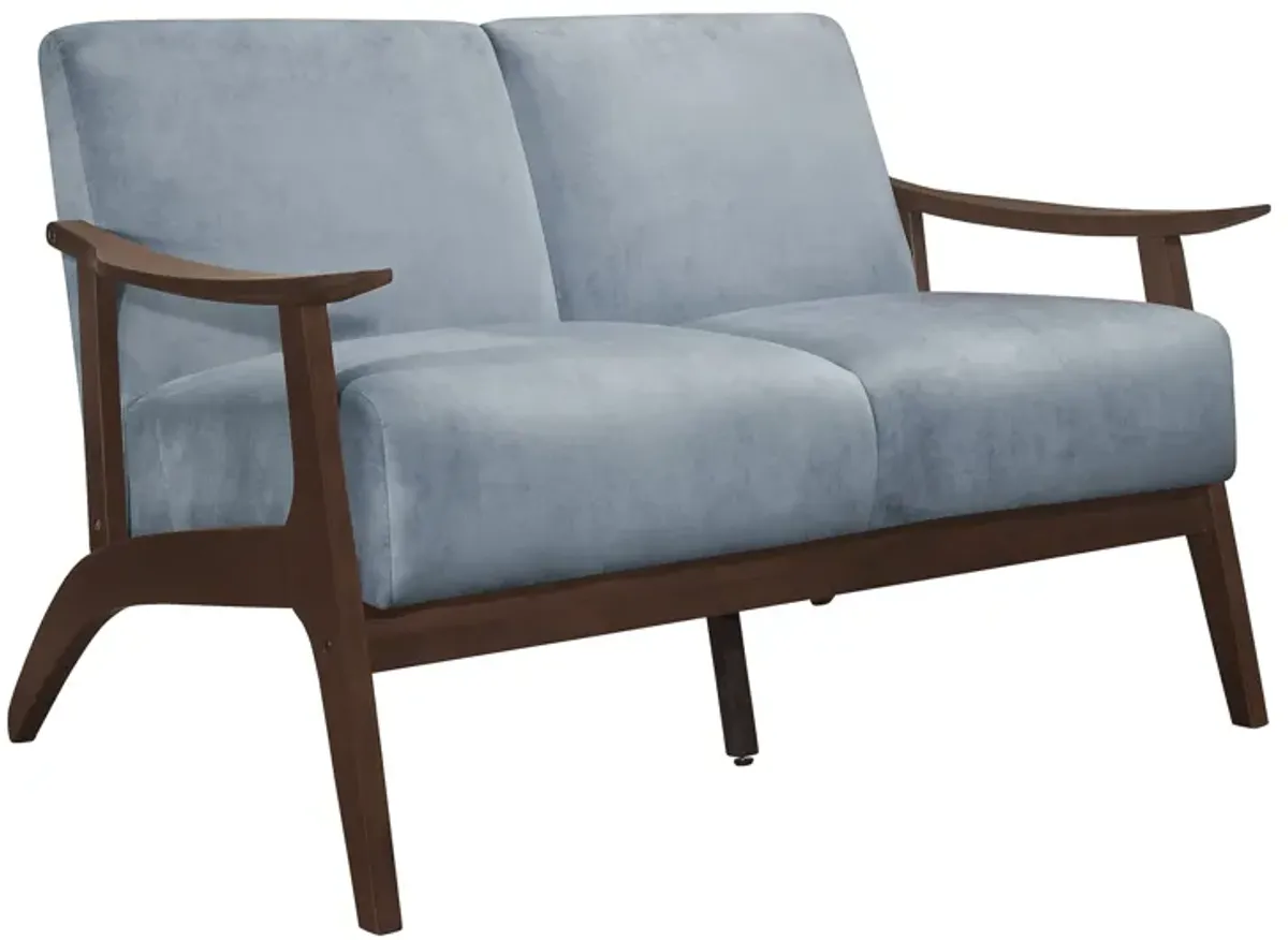 Rica 51 Inch Loveseat, Soft Blue Gray Velvet, Walnut Brown Solid Wood - Benzara