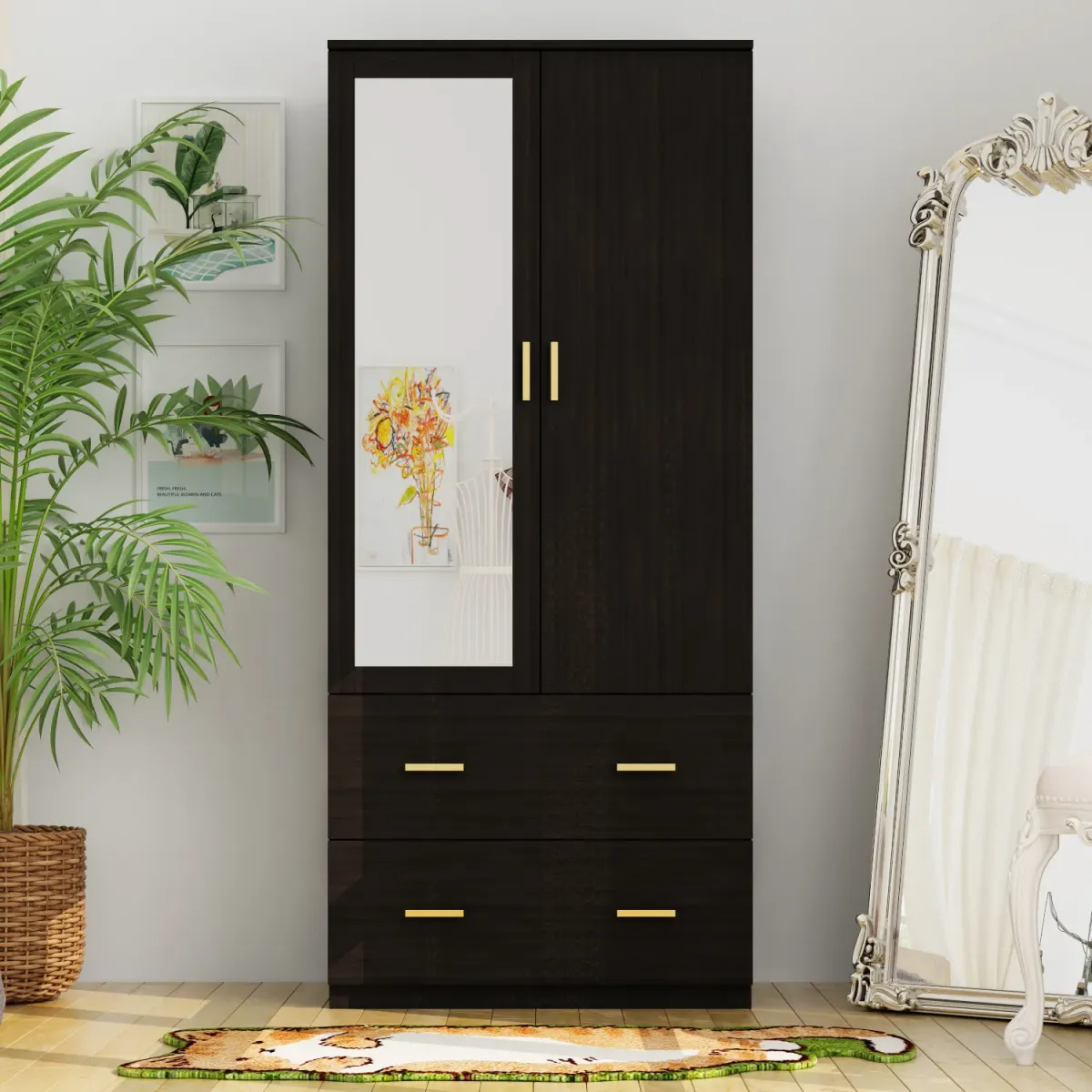 Armoire Wardrobe with Mirror & 2 Drawers, 2-Door Wardrobe with Shelves & Hanging Rod, Gold Metal Handles, for Cloakroom (31.5”W x 18.9”D x 72”H)