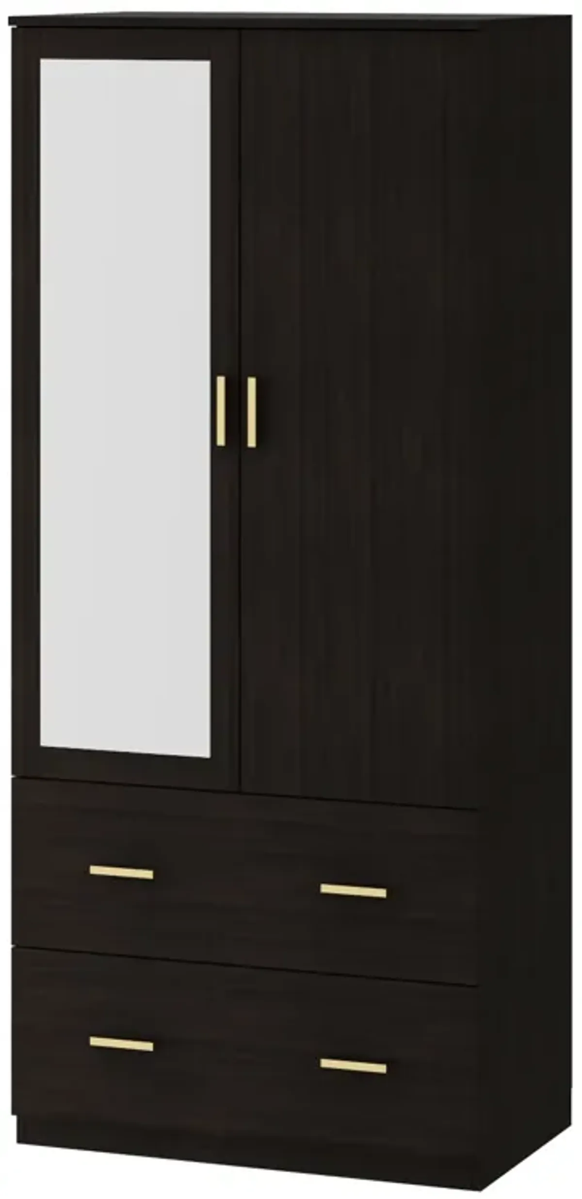 Armoire Wardrobe with Mirror & 2 Drawers, 2-Door Wardrobe with Shelves & Hanging Rod, Gold Metal Handles, for Cloakroom (31.5”W x 18.9”D x 72”H)