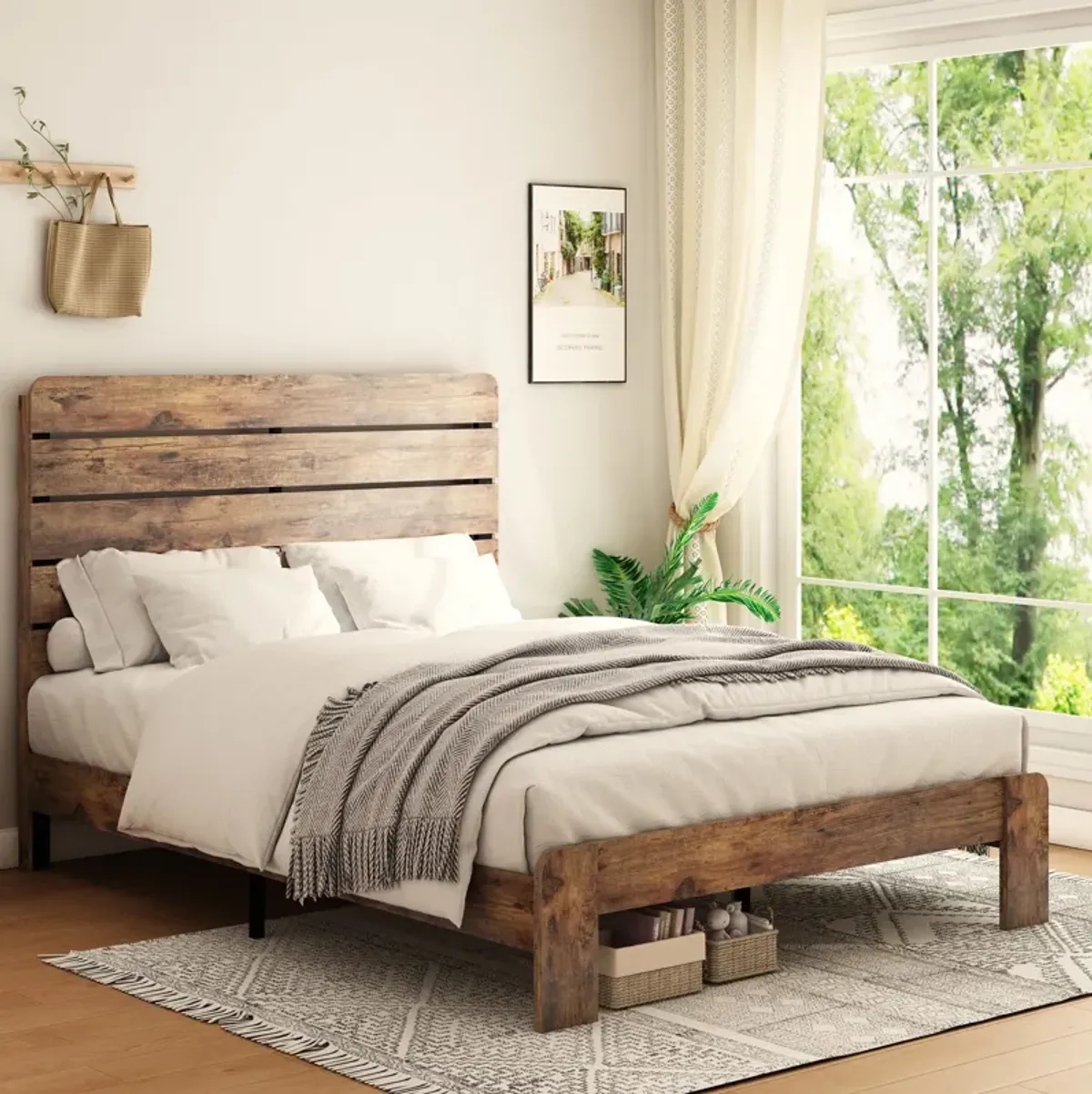 MONDAWE Bed Frame Queen Size Wood Platform Bed Frame with Large Under Bed Storage,Dark Brown
