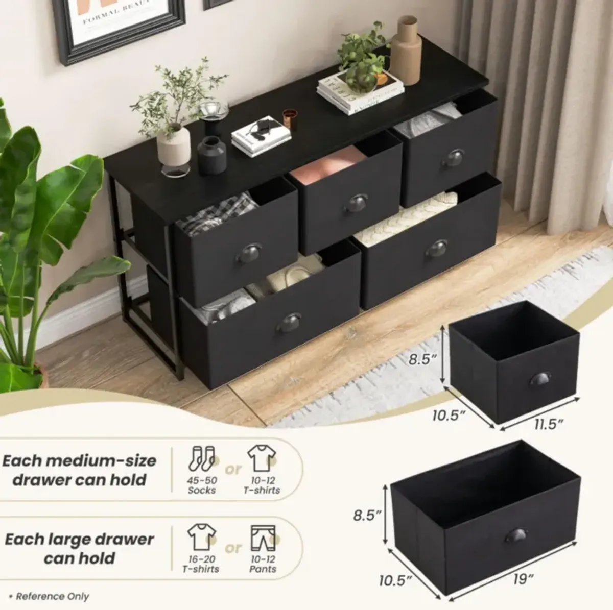 Hivvago Dresser Storage Tower with 5 Foldable Cloth Storage Cubes-Gray