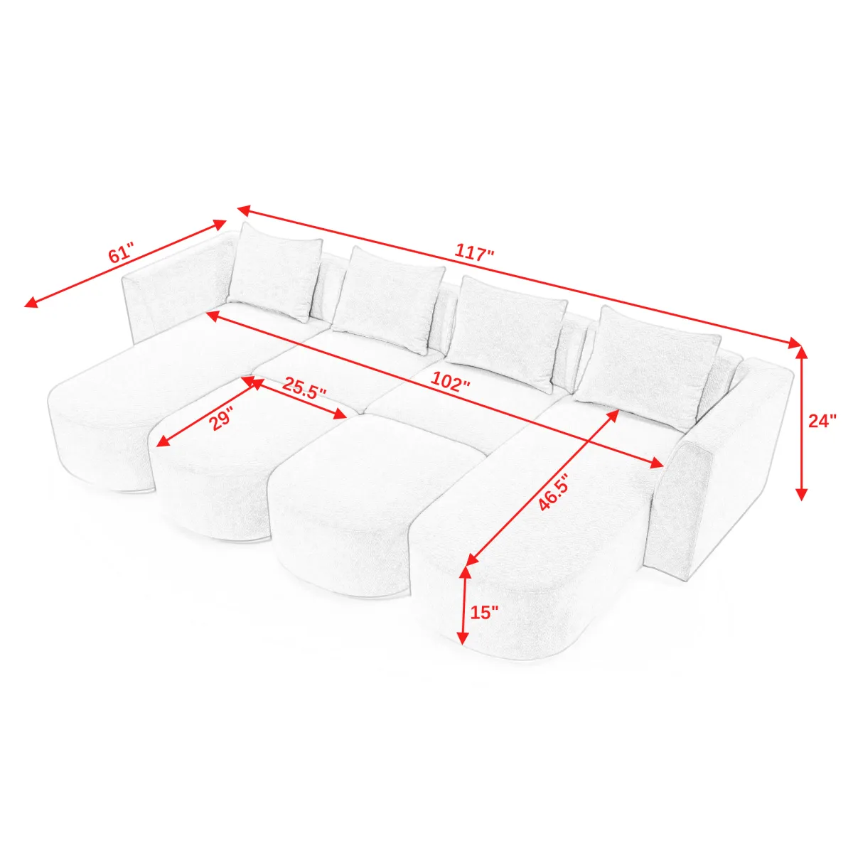 U Shaped Sectional Sofa including Two Single Seat, Two Chaises and Two Ottomans, Modular Sofa, DIY Combination, Loop Yarn Fabric, Black