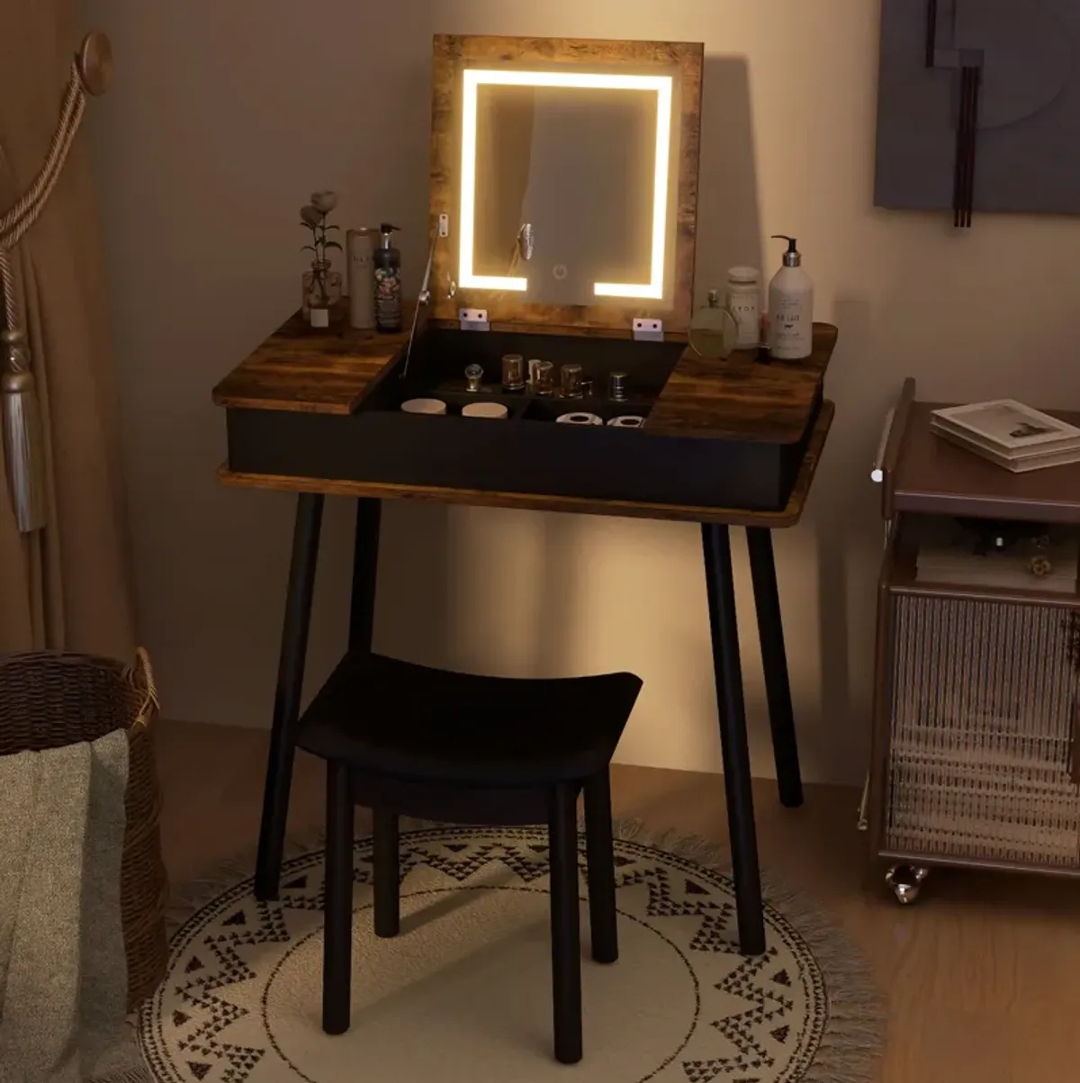 Vanity Table Set with Flip Top Mirror Lights USB Writing Desk and Stool