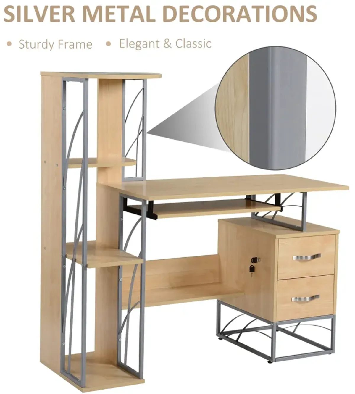 Wood Desktop Corner Working Desk with 4-Tier Shelving and Pullout Keyboard Tray