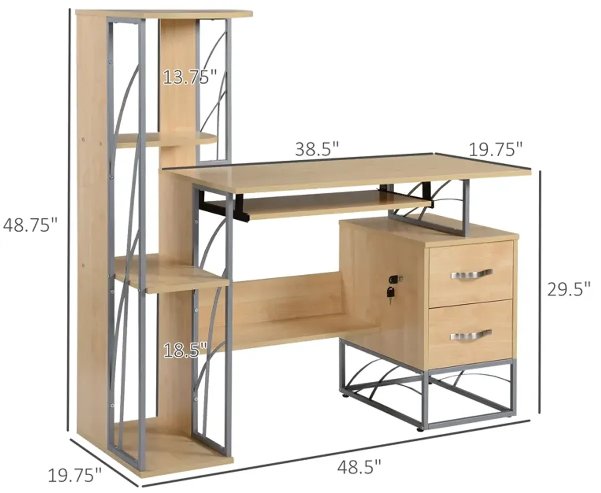 Wood Desktop Corner Working Desk with 4-Tier Shelving and Pullout Keyboard Tray