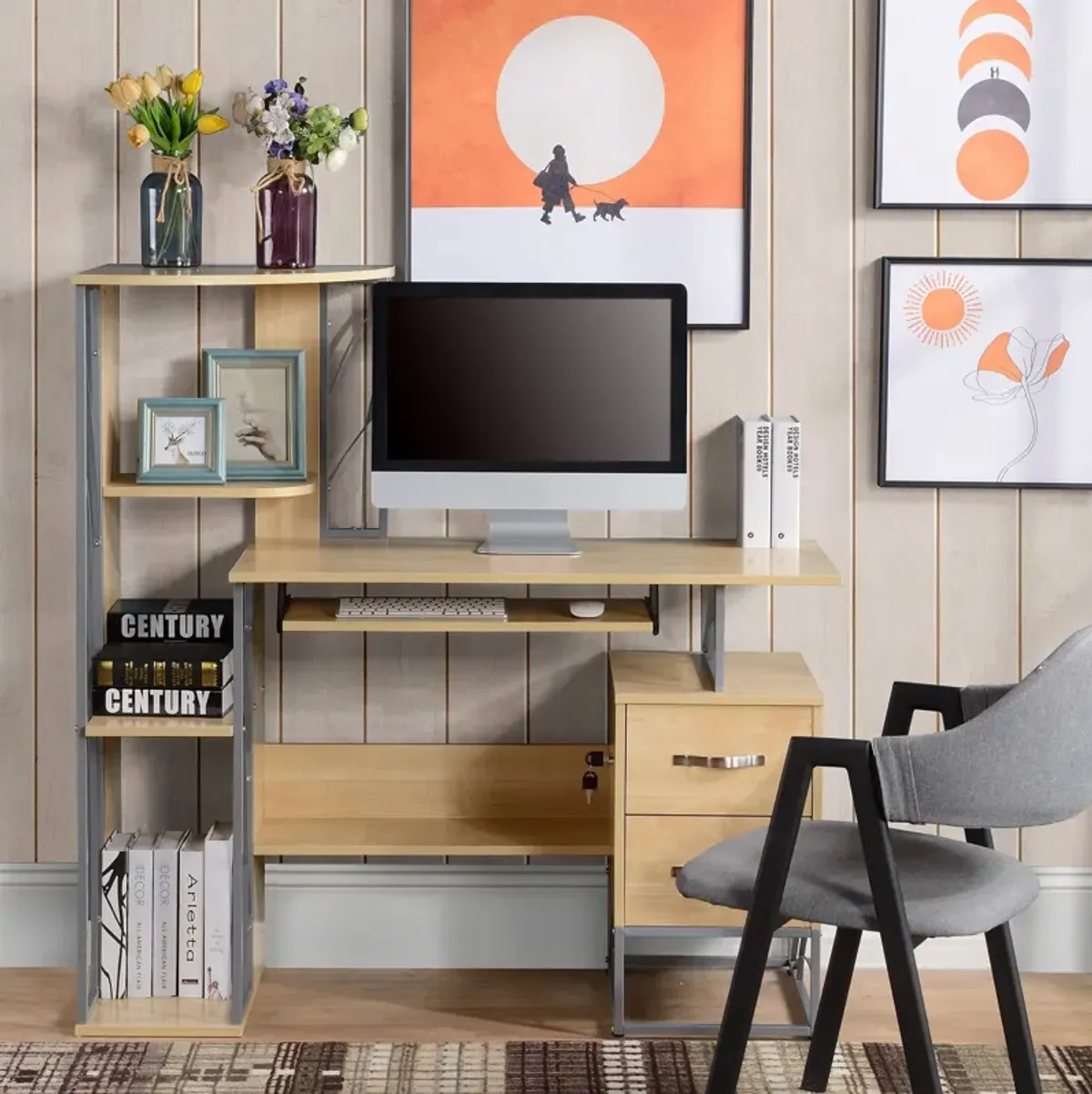 Wood Desktop Corner Working Desk with 4-Tier Shelving and Pullout Keyboard Tray