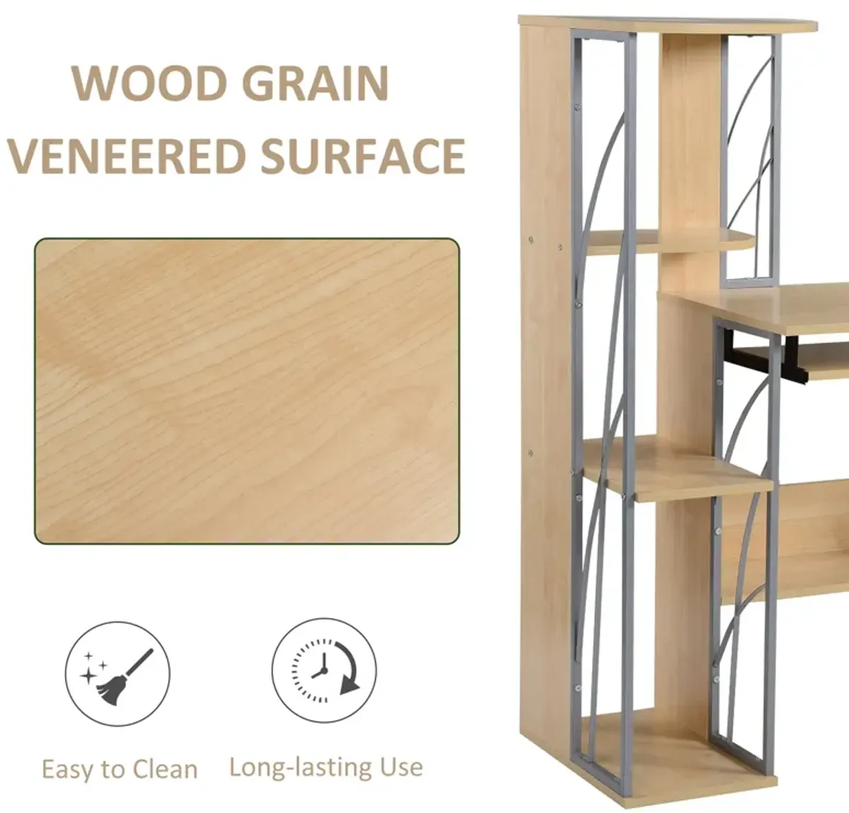 Wood Desktop Corner Working Desk with 4-Tier Shelving and Pullout Keyboard Tray