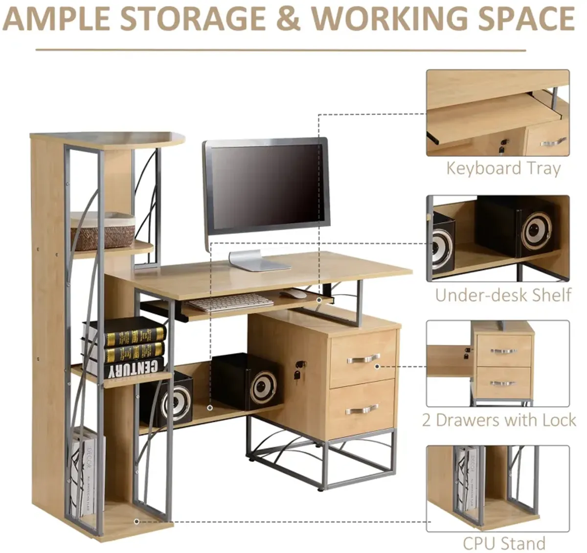 Wood Desktop Corner Working Desk with 4-Tier Shelving and Pullout Keyboard Tray