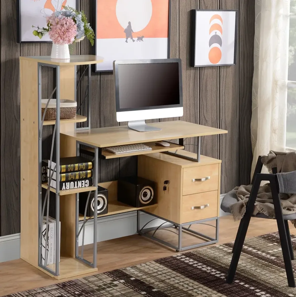 Wood Desktop Corner Working Desk with 4-Tier Shelving and Pullout Keyboard Tray