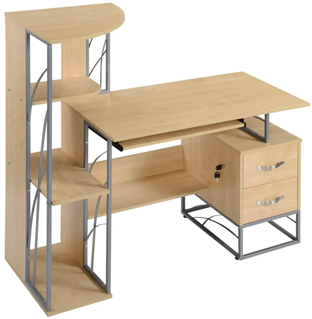 Wood Desktop Corner Working Desk with 4-Tier Shelving and Pullout Keyboard Tray