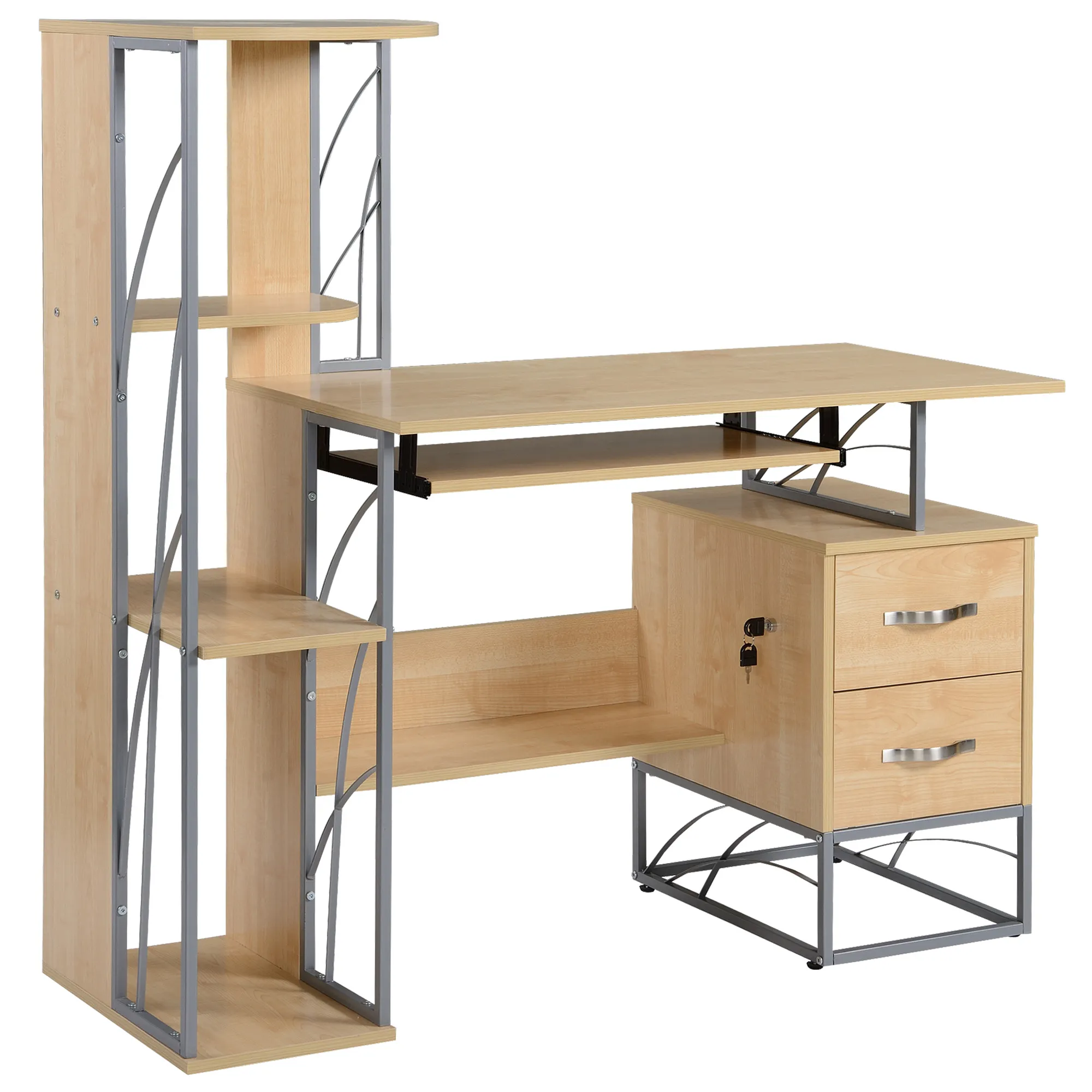 Wood Desktop Corner Working Desk with 4-Tier Shelving and Pullout Keyboard Tray