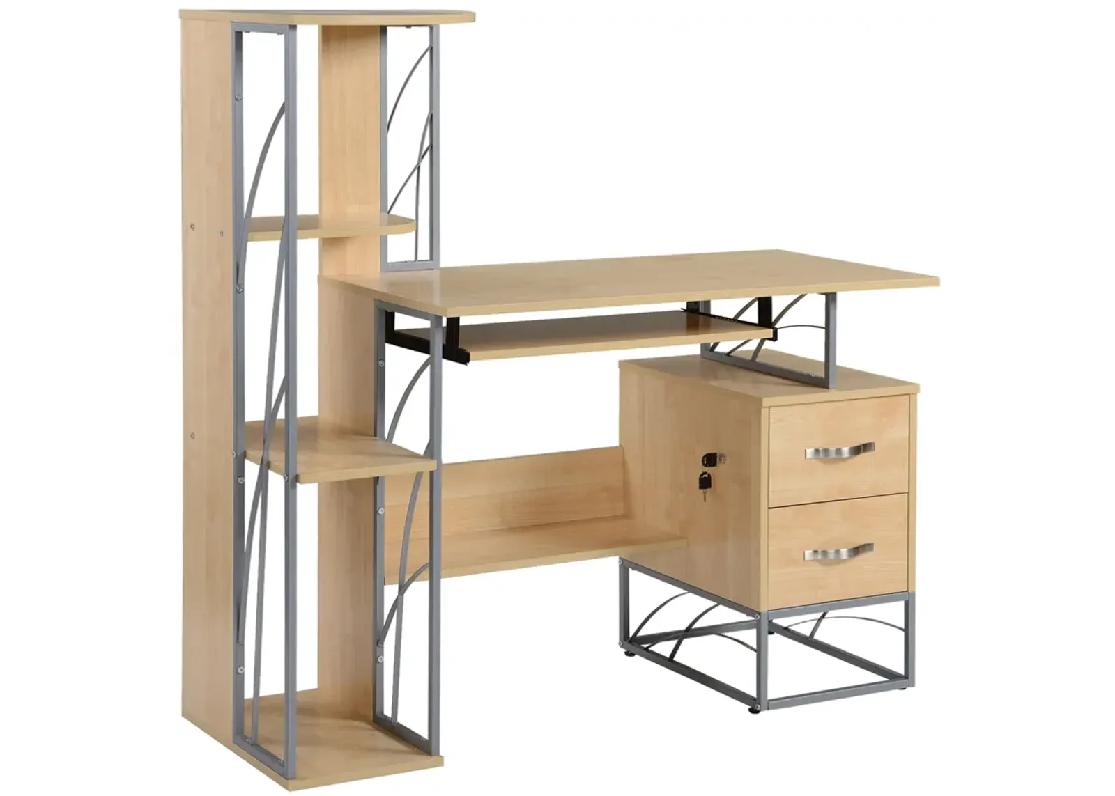 Wood Desktop Corner Working Desk with 4-Tier Shelving and Pullout Keyboard Tray