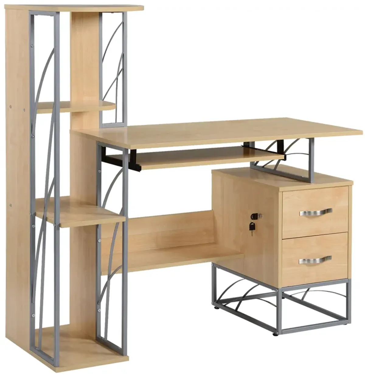 Wood Desktop Corner Working Desk with 4-Tier Shelving and Pullout Keyboard Tray