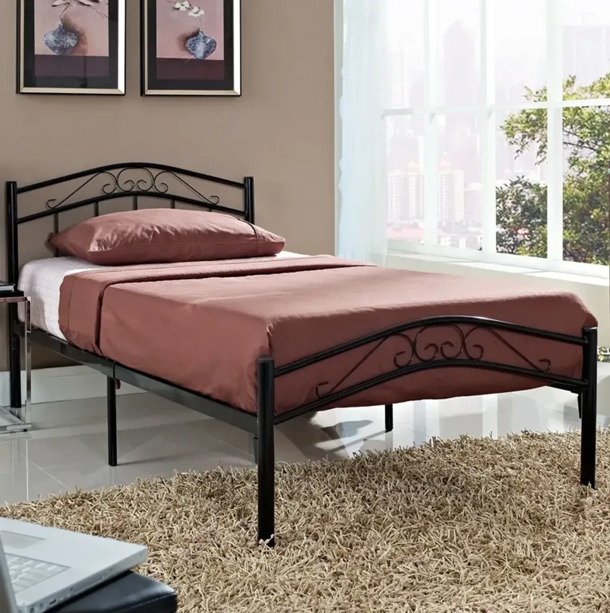 QuikFurn Twin size Black Metal Platform Bed with Headboard and Footboard