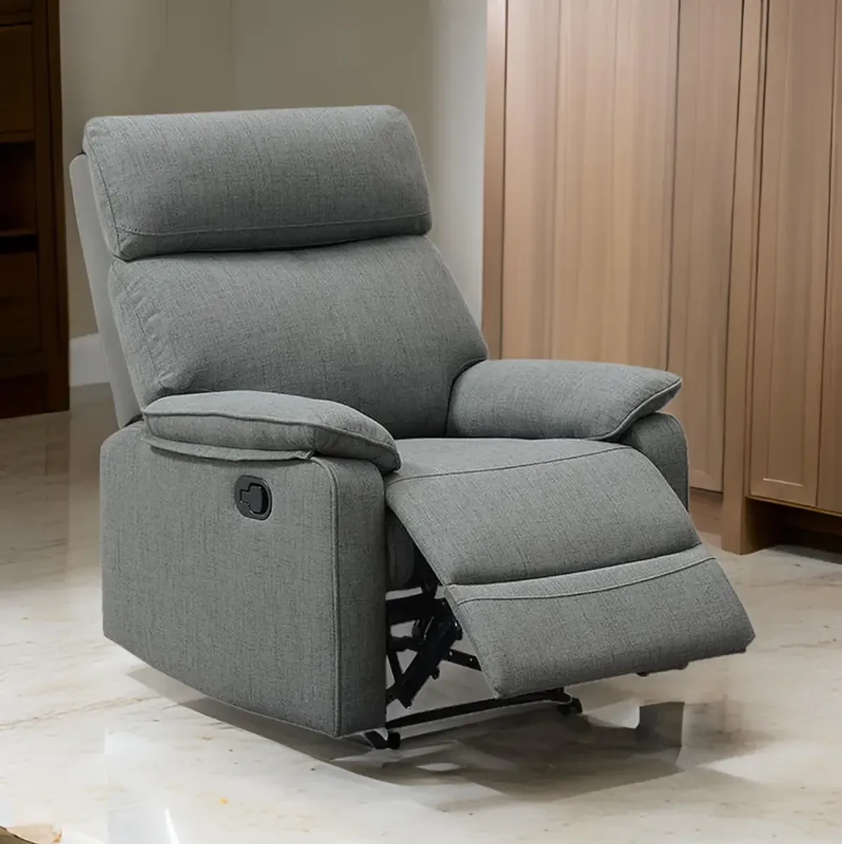 Fery 35 Inch Manual Recliner Chair, Gray Burlap, Cushioned Seat, Solid Wood - Benzara