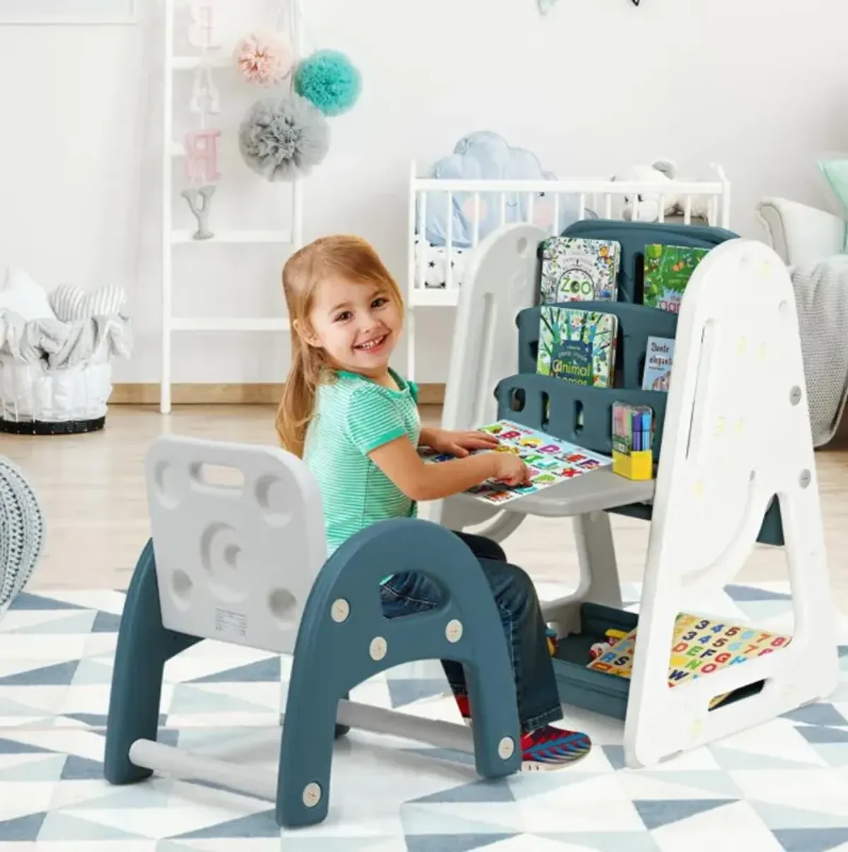 Hivvago 2-in-1 Kids Easel Desk Chair Set Book Rack Adjustable Art Painting Board