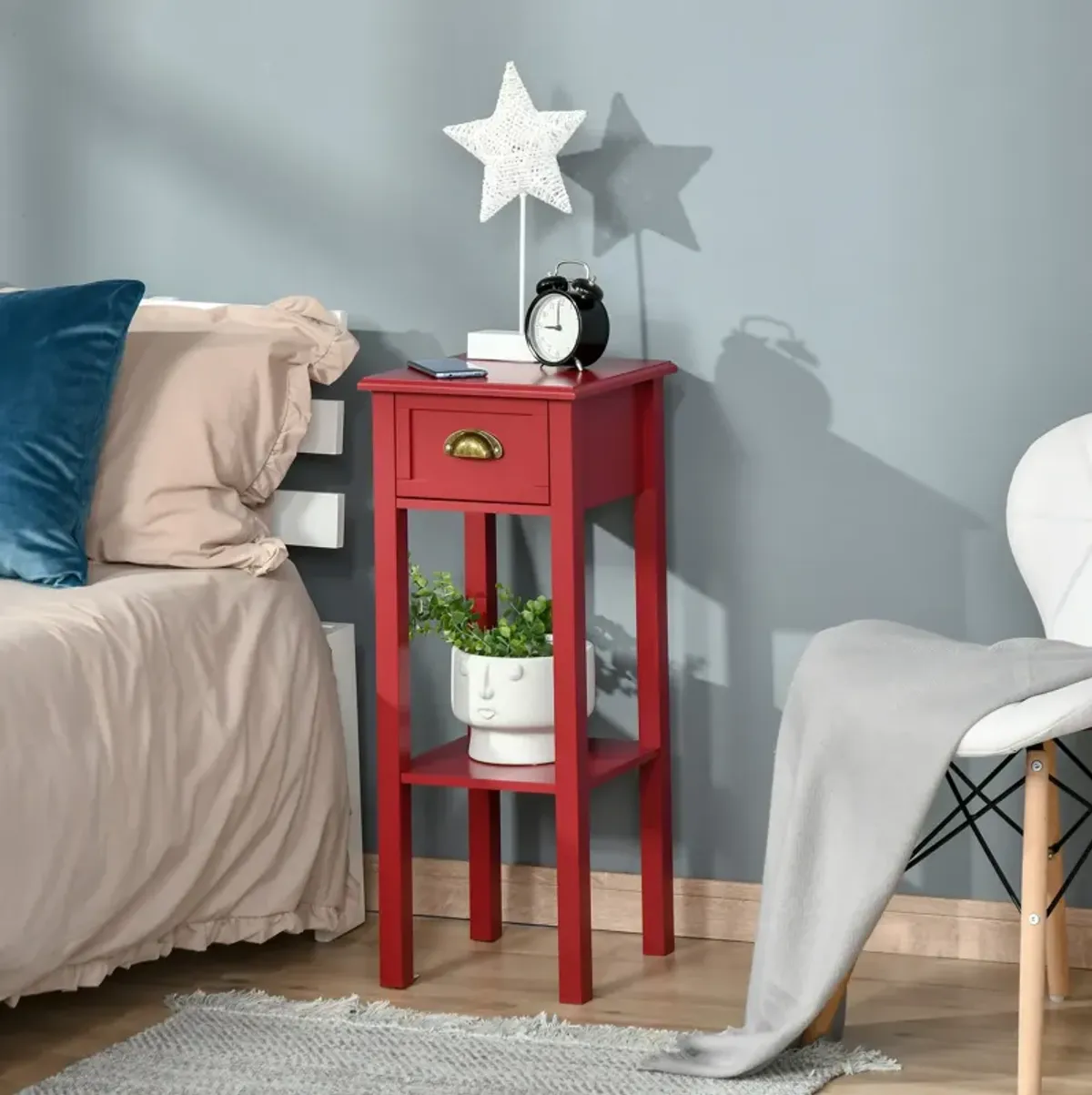 Red Narrow End Table: 2-Tier Side Table with Drawer for Living Room