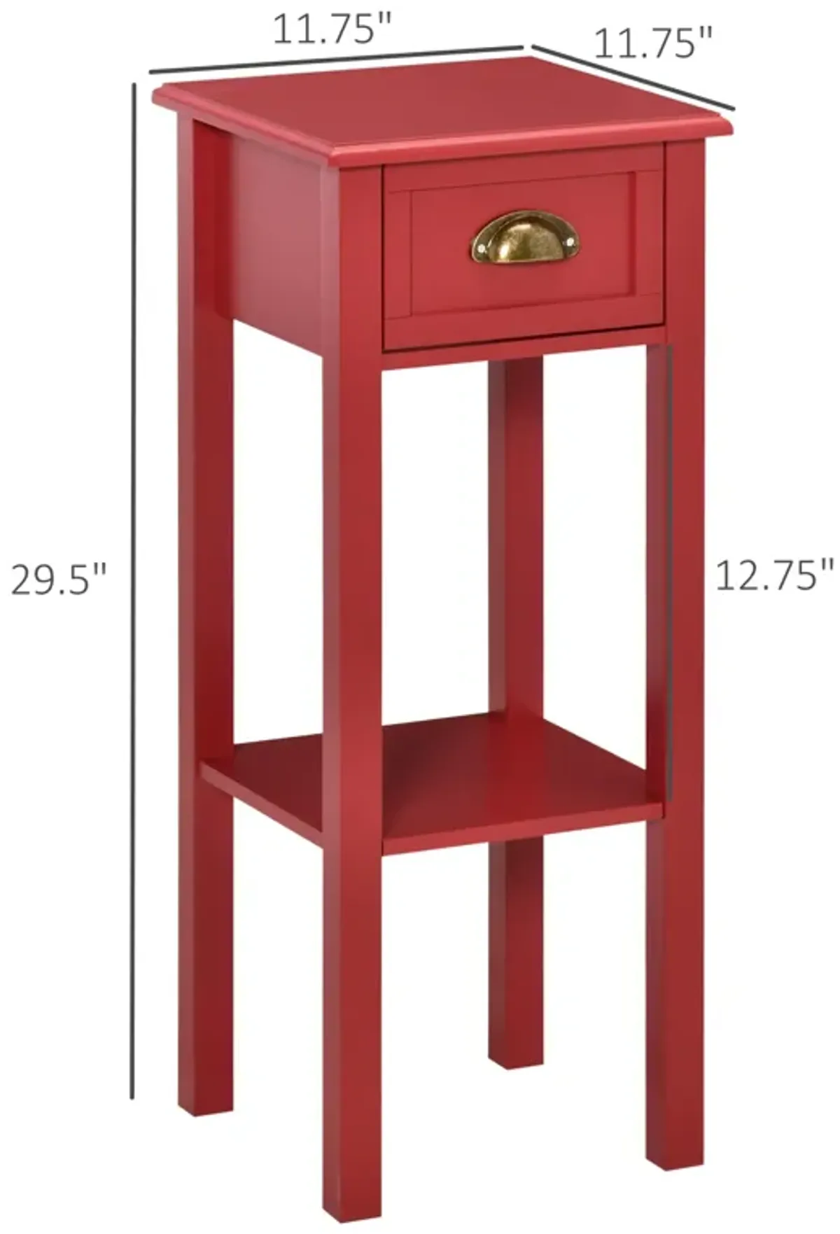 Red Narrow End Table: 2-Tier Side Table with Drawer for Living Room