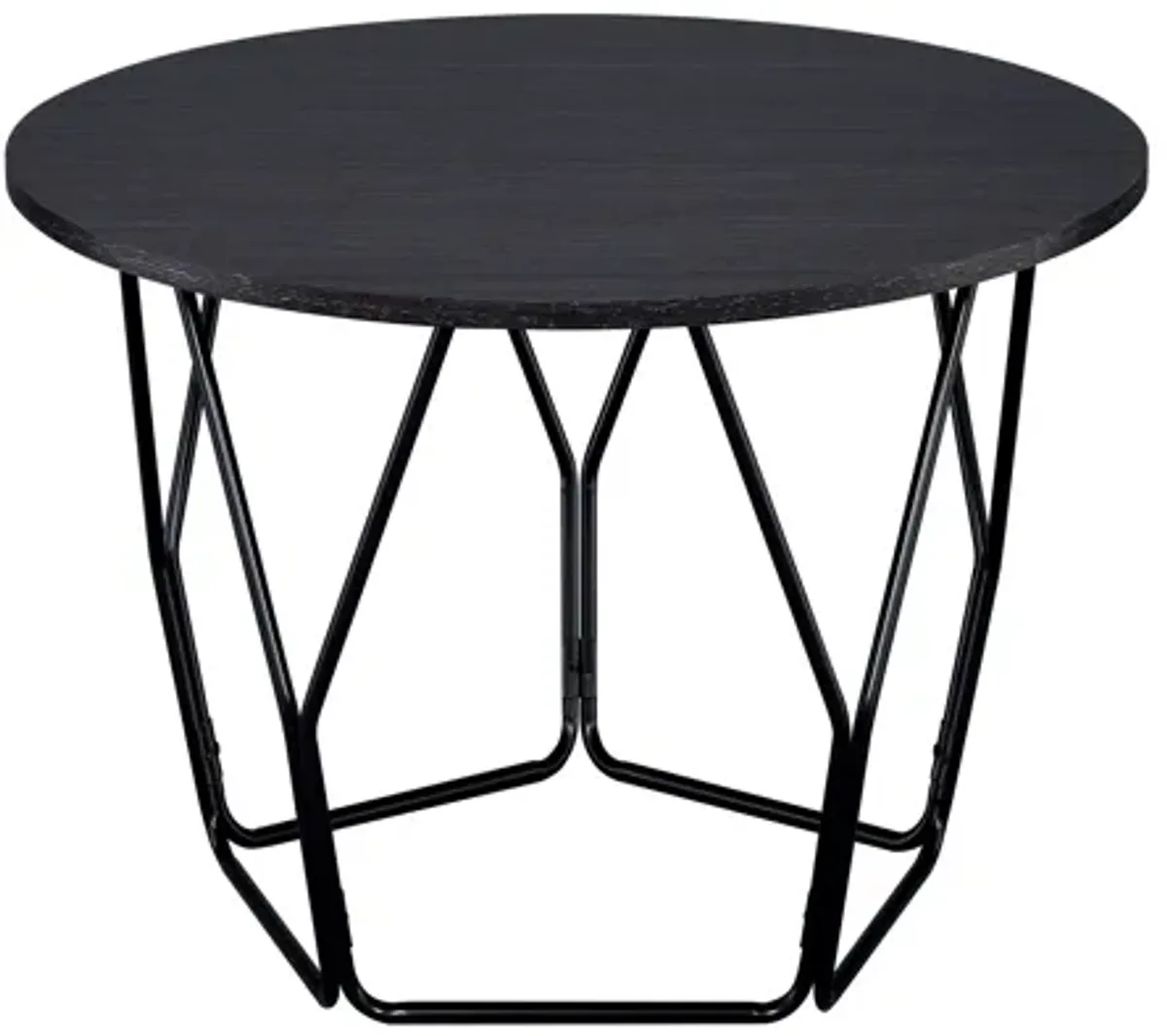 Industrial Round Top Wooden Coffee Table with Geometric Base, Black-Benzara