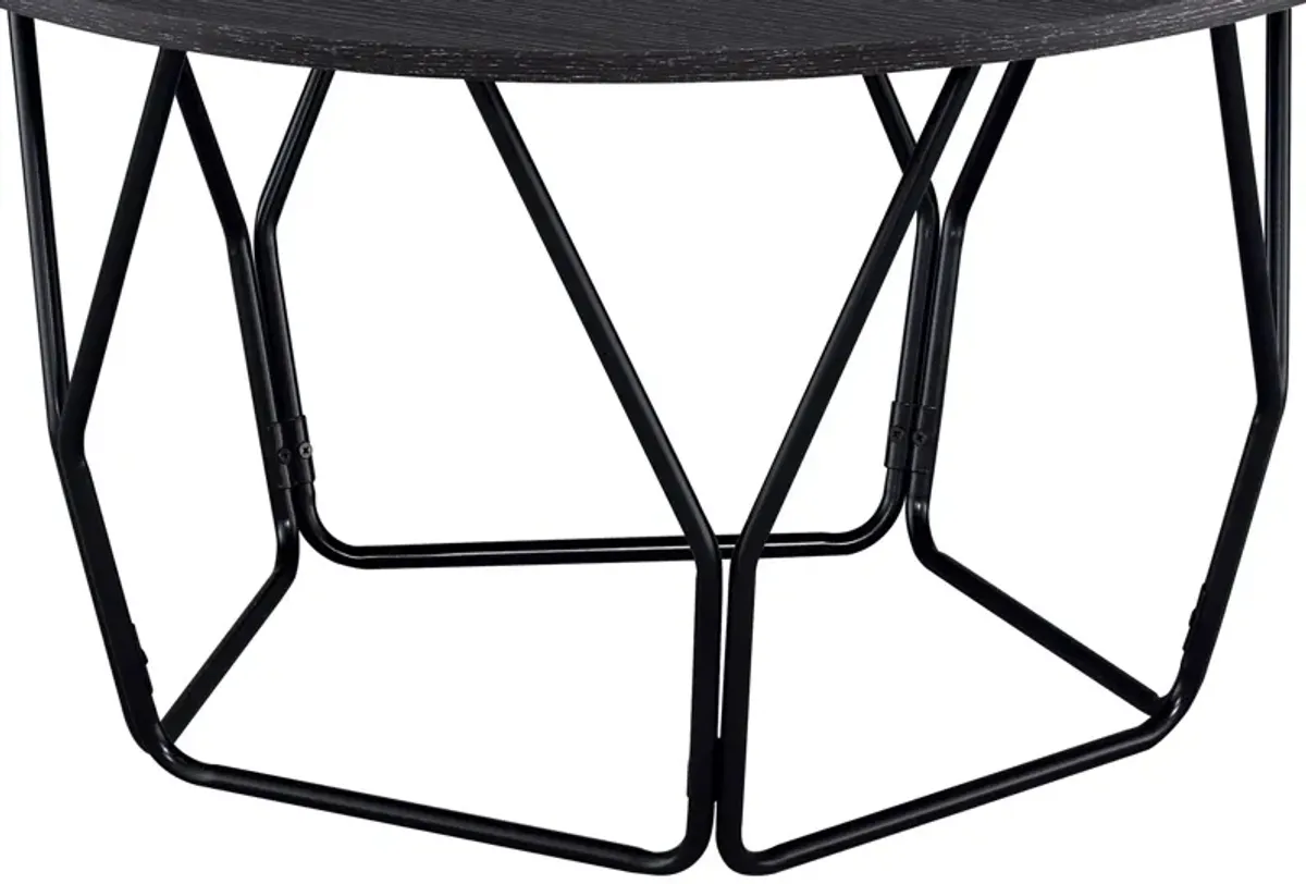 Industrial Round Top Wooden Coffee Table with Geometric Base, Black-Benzara