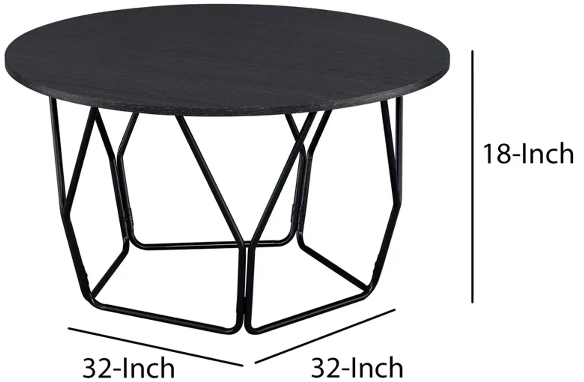 Industrial Round Top Wooden Coffee Table with Geometric Base, Black-Benzara