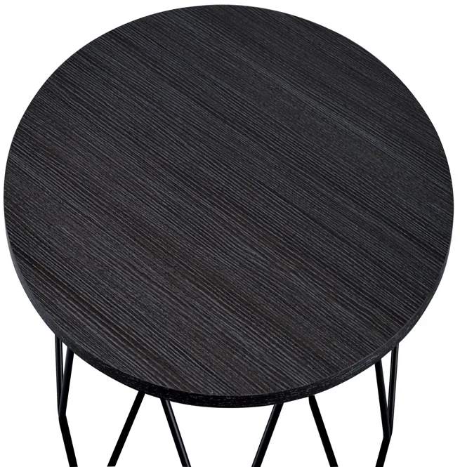 Industrial Round Top Wooden Coffee Table with Geometric Base, Black-Benzara