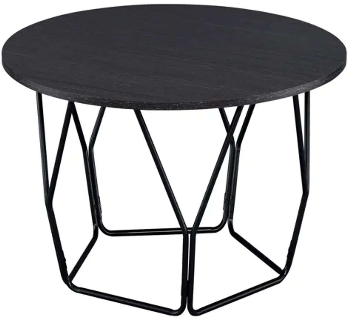 Industrial Round Top Wooden Coffee Table with Geometric Base, Black-Benzara