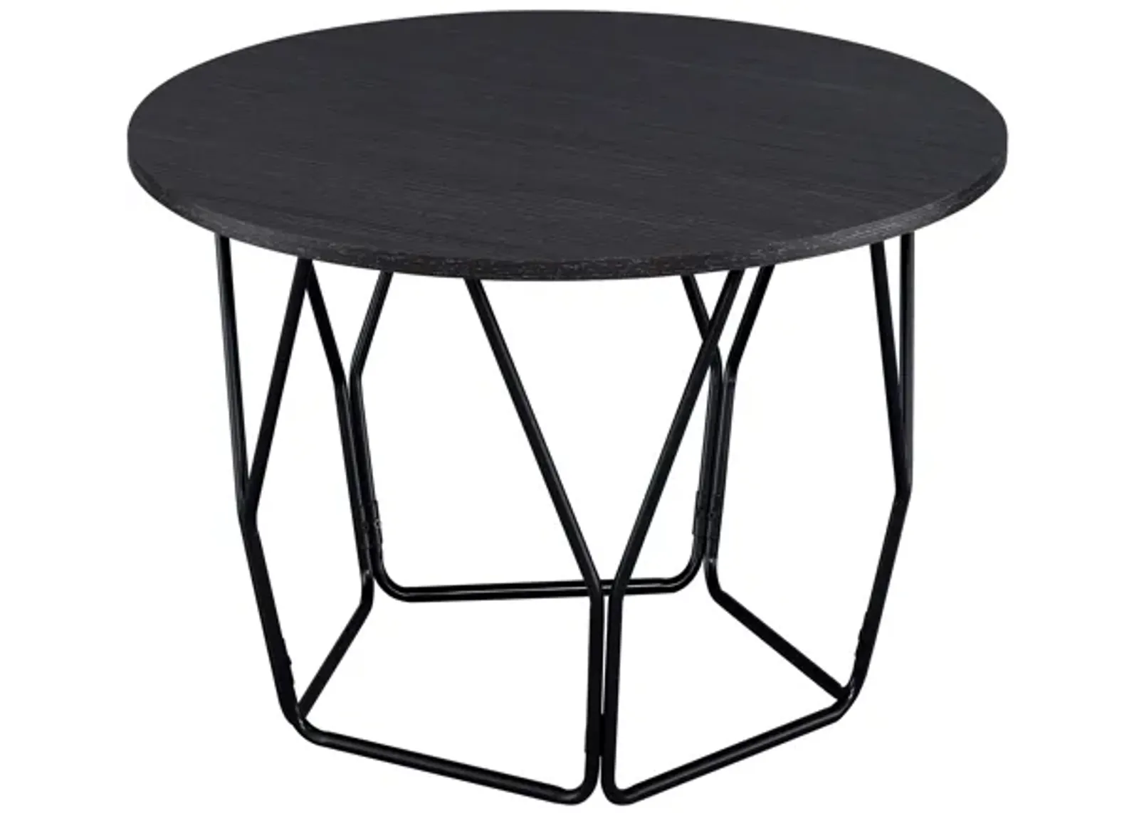 Industrial Round Top Wooden Coffee Table with Geometric Base, Black-Benzara