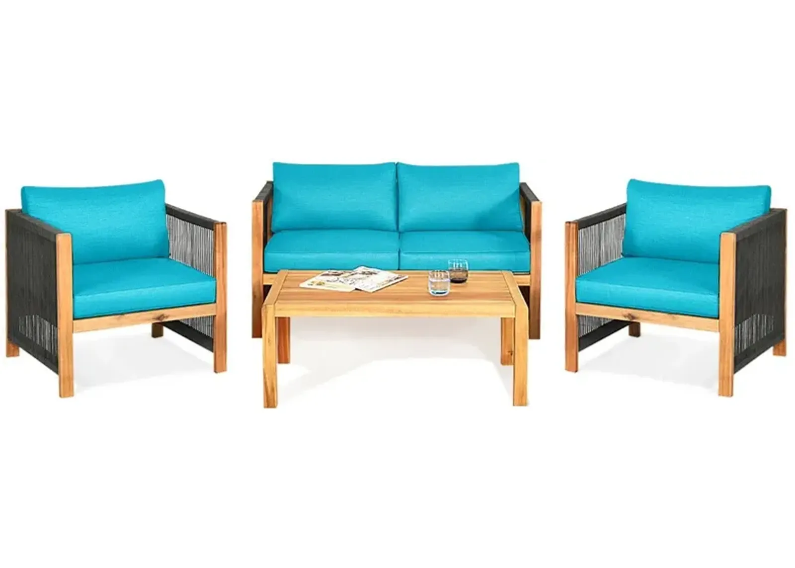 4 Pieces Acacia Wood Sofa Set with Cushions for Outdoor Patio-Blue