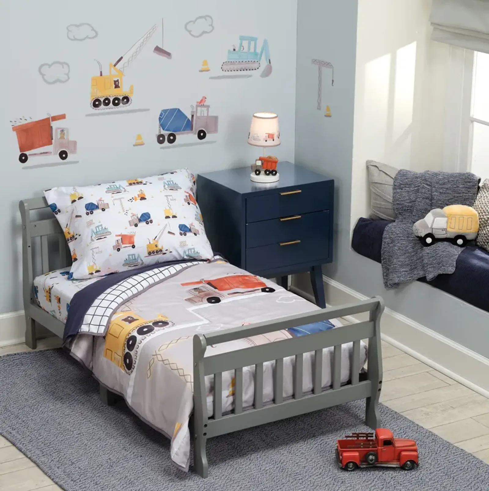 Bedtime Originals 4-Piece Construction Zone Gray/Navy/White Toddler Bedding Set