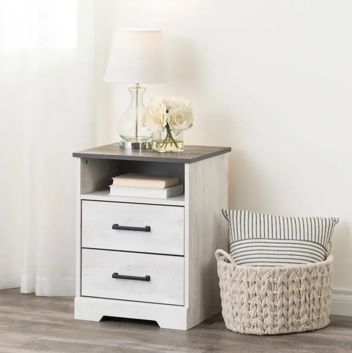 Prepac Nightstand Bedside Table, Washed White Nightstand for Bedroom