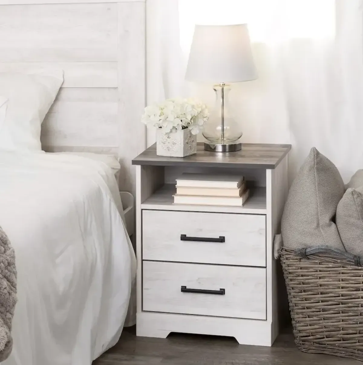 Prepac Nightstand Bedside Table, Washed White Nightstand for Bedroom