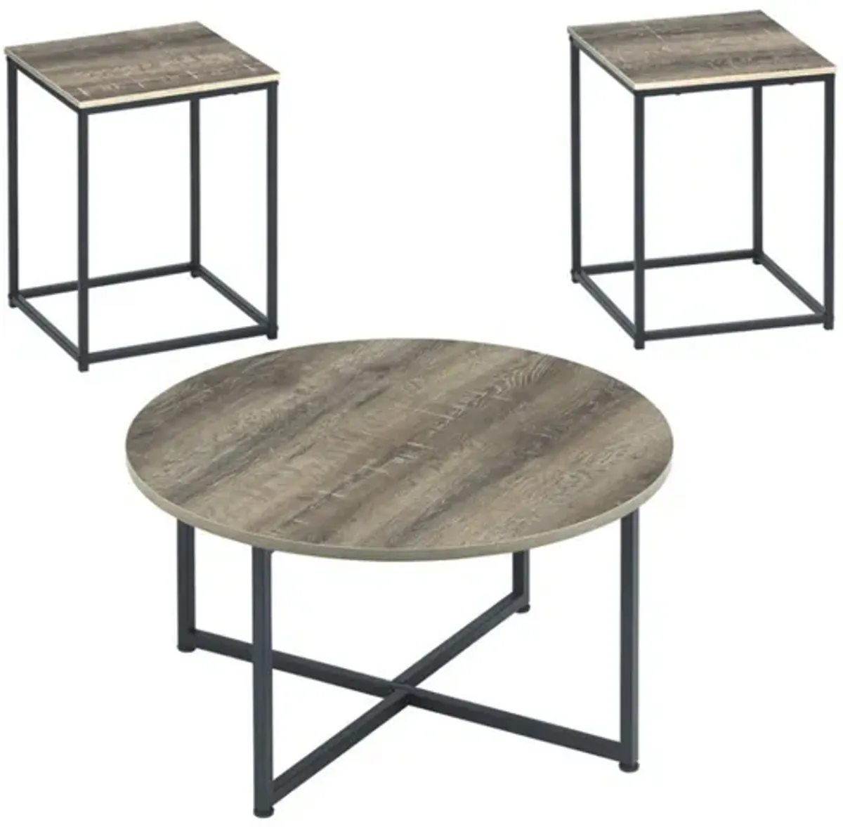 Wooden Table Set with Sturdy Metal Base, Set of Three, Gray and Brown-Benzara