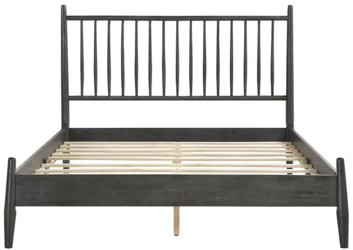 Lika Queen Size Platform Bed, Vertical Slatted Headboard, Gray Finish - Benzara