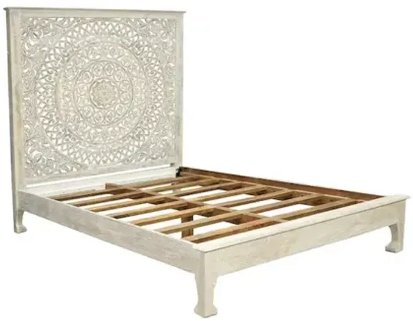 Taran Designs Auden Floral Carved Solid Wood Queen Panel Bed