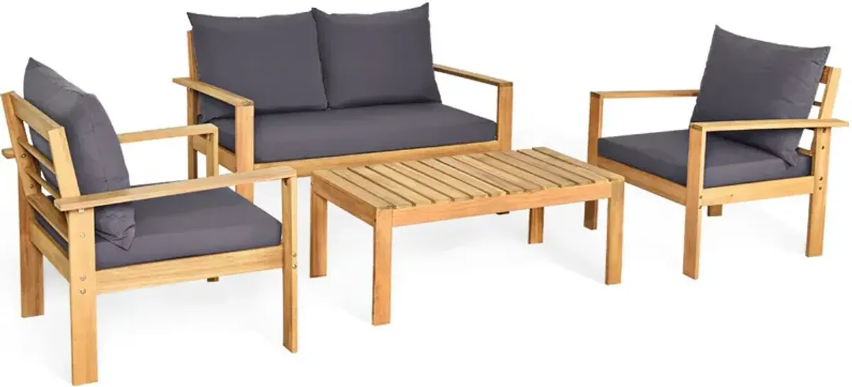 Outdoor 4 Pieces Acacia Wood Chat Set with Water Resistant Cushions-Red