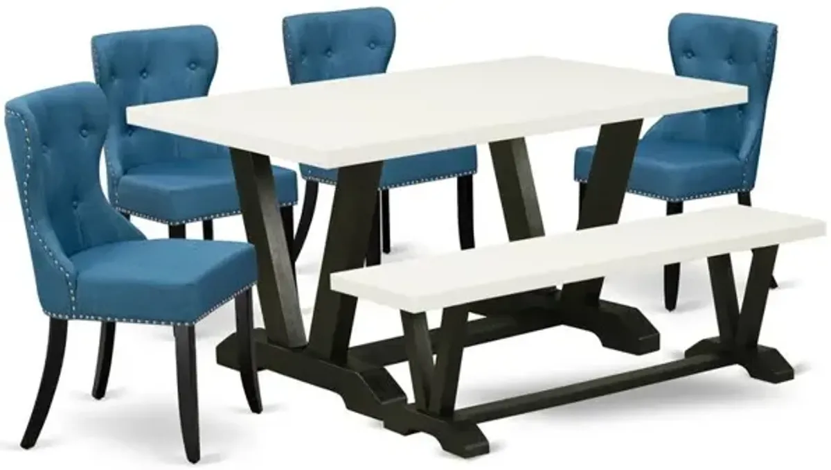 East West Furniture V626SI121-6 6-Piece Dining Room Set- 4 Upholstered Dining Chairs with Blue Linen Fabric Seat and Button Tufted Chair Back - Rectangular Top & Wooden Legs Kitchen Dining Table and D