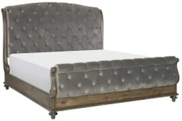Danya Queen Bed, Sleigh Style, Tufted Rolled Headboard, Nailed Gray Velvet - Benzara