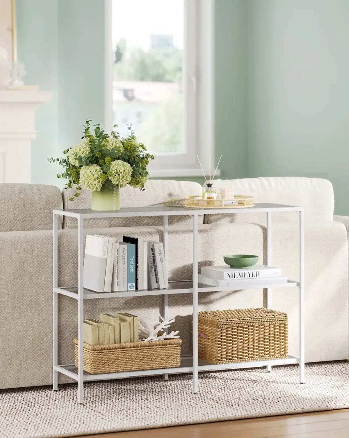 Stylish Console Table with 3 Shelves - Steel Frame, Tempered Glass, for Entryway or Living Room