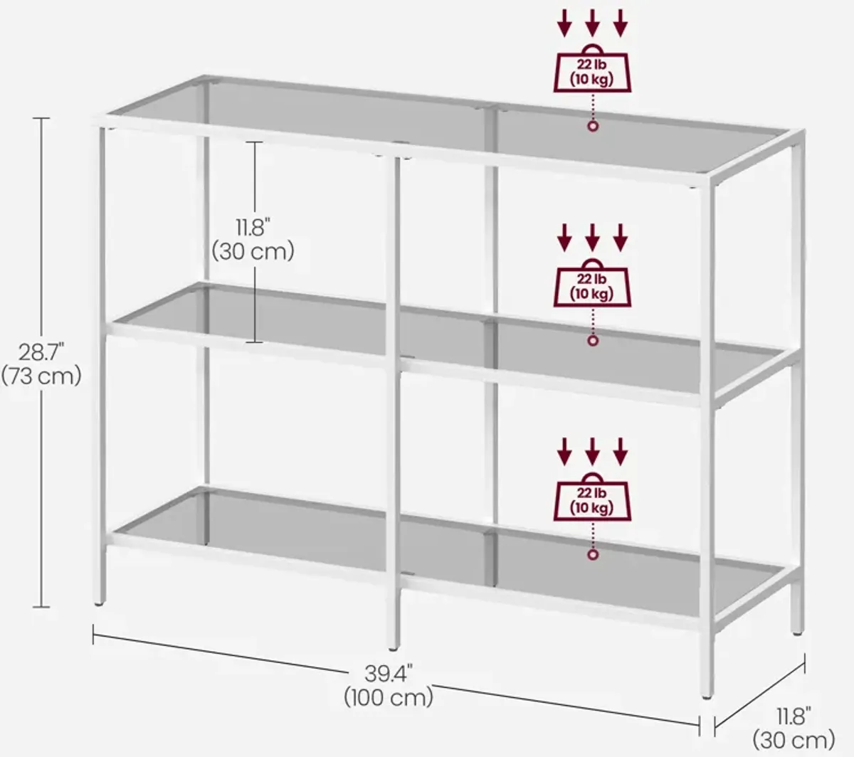 Stylish Console Table with 3 Shelves - Steel Frame, Tempered Glass, for Entryway or Living Room