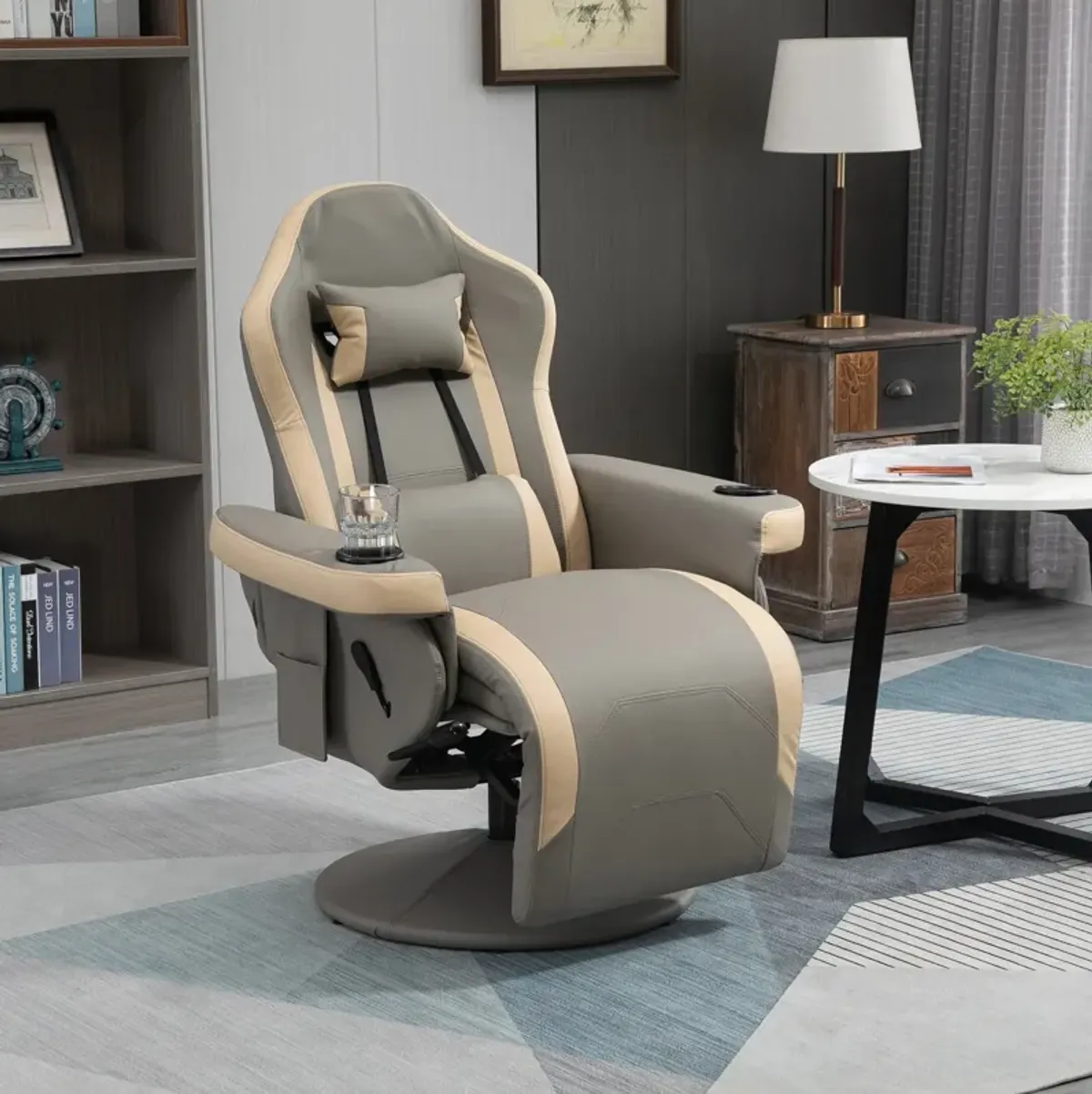 Gray Living Room Comfort: Manual Recliner with Swivel and Cup Holder