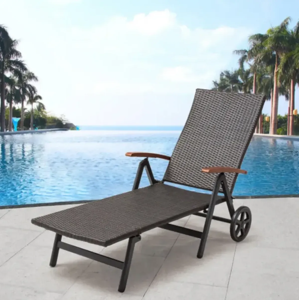 Folding Back Adjustable Aluminum Rattan Recliner Lounger w/ Wheels